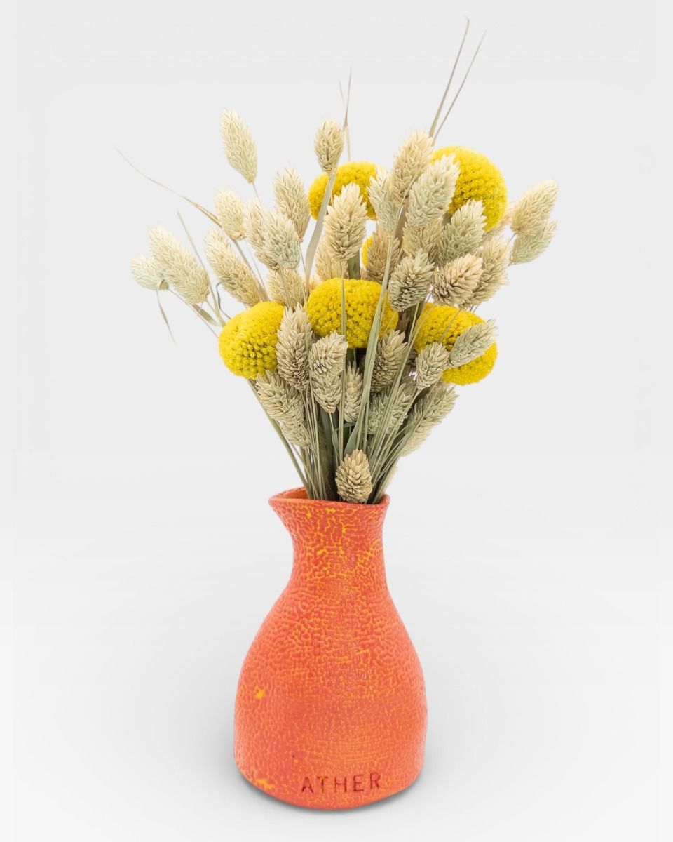 Petit Vase in Speckled Coral Red-Yellow with Dry Flowers Petit Vase in Speckled Coral Red-Yellow with Dry Flowers